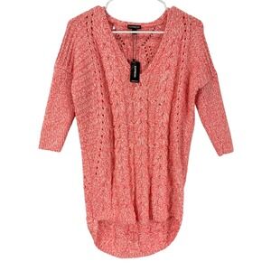 Express Pink White Marled Cable Knit Crochet V-Neck Pullover Sweater XS NWT